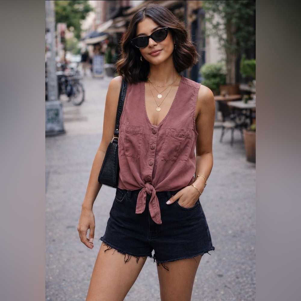 Thread & Supply Mauve Button-Front Tie Tank Top L